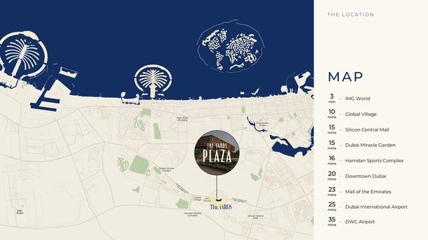 Map of Dubai with The Yards Plaza in City of Arabia, by IMG Worlds and Global Village